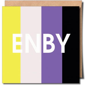 May include: A card featuring the non-binary pride flag colours: yellow, white, purple, and black. The word "ENBY" is written in white letters on the card.