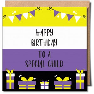Joyeux anniversaire à un enfant spécial Carte de voeux d'anniversaire non binaire neutre entre les sexes Carte d'anniversaire d'enfant