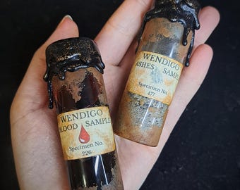 Cryptid Specimen Vial Sets. Two Pieces. Wendigo, Vampire, Mermaid, Lycan, Squonk. Cryptid Curio Bottles.