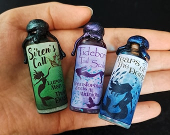 Mermaid mini potion bottles. Miniture, Sirens,  potion set. Three piece mini potion set.