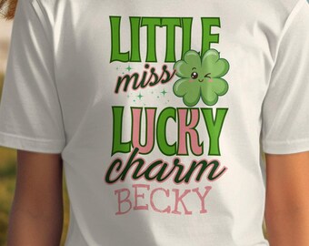 Little Miss Lucky Charm Personalized Youth T-Shirt, St Patricks Day Kids Tee, Cute Clover Shamrock Girl Top, Irish Festival Shirt