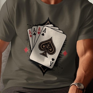 エース・トランプTシャツ、ポーカーハンドTシャツ、カジノギャンブラーシャツ、フォーエースグラフィックTシャツ、ラッキーウィニングハンドTシャツ、ユニセックス、父の日