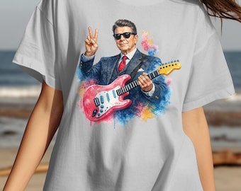 Ronald Reagan T-Shirt, Peace Sign Guitar President Tee, 80s Rock Star Watercolor Political Humor Gift for Him