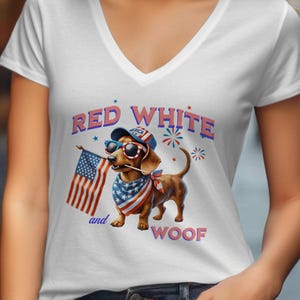 Patriotic Dachshund T-Shirt, Red White and Woof, 4th of July Dog Shirt, America Shirt, USA Flag Dog, Cute Weenie Dog Tee, Dachshund Gift