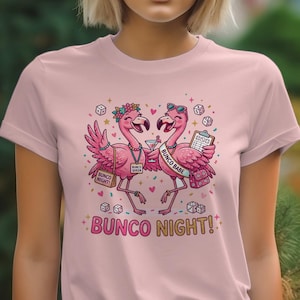 Camiseta para noche de Bunco, camiseta divertida de flamenco para noche de juegos, camiseta de reina del Bunco, regalo para fiestas de dados sociales para mujeres, camiseta para jugadora de Bunco para mujeres