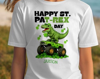 Happy St Pat Rex Day T-Shirt, Personalized Youth Dinosaur Monster Truck Tee, Funny Shamrock Kids Saint Paddys Gift, Custom Dino Top