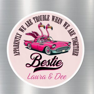 Personalized Bestie Magnet, Pink Car with Flamingos, Best Friends Gift, Apparently We Are Trouble Magnet, Cute Friendship Magnet