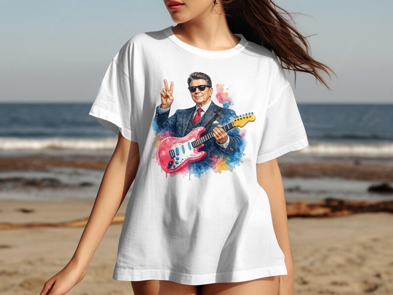 Ronald Reagan in a suit playing a pink guitar with a peace sign.