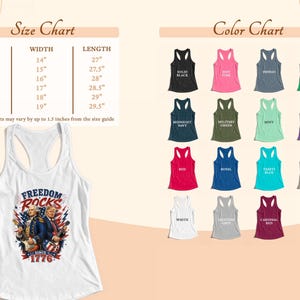 Size chart with measurements and color options for a women's tank top.