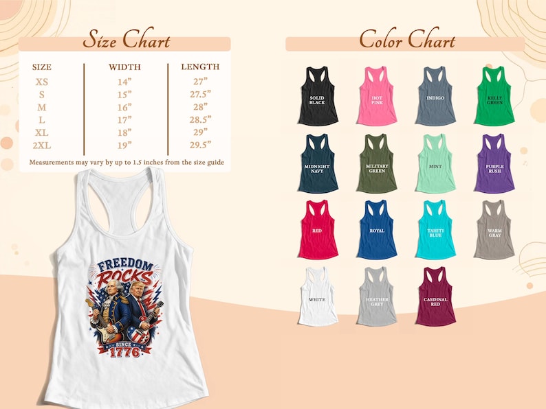 Size chart with measurements and color options for a women's tank top.