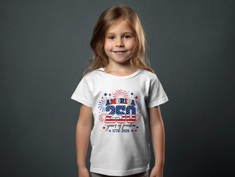 Girl wearing white t-shirt with "America 250 Years of Freedom 1776-2026" graphic.