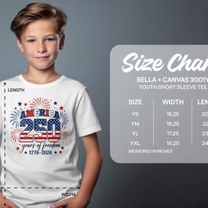 Boy wearing "America 250 years of freedom 1776-2026" t-shirt next to size chart.