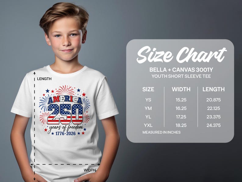 Boy wearing "America 250 years of freedom 1776-2026" t-shirt next to size chart.