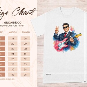 Gildan 5000 t-shirt size chart with measurements in inches.