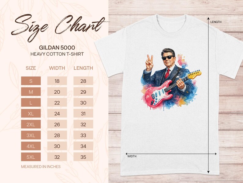 Gildan 5000 t-shirt size chart with measurements in inches.