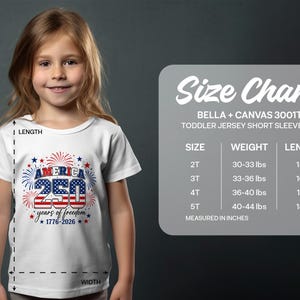Toddler t-shirt with "America 250 years of freedom" graphic and size chart.