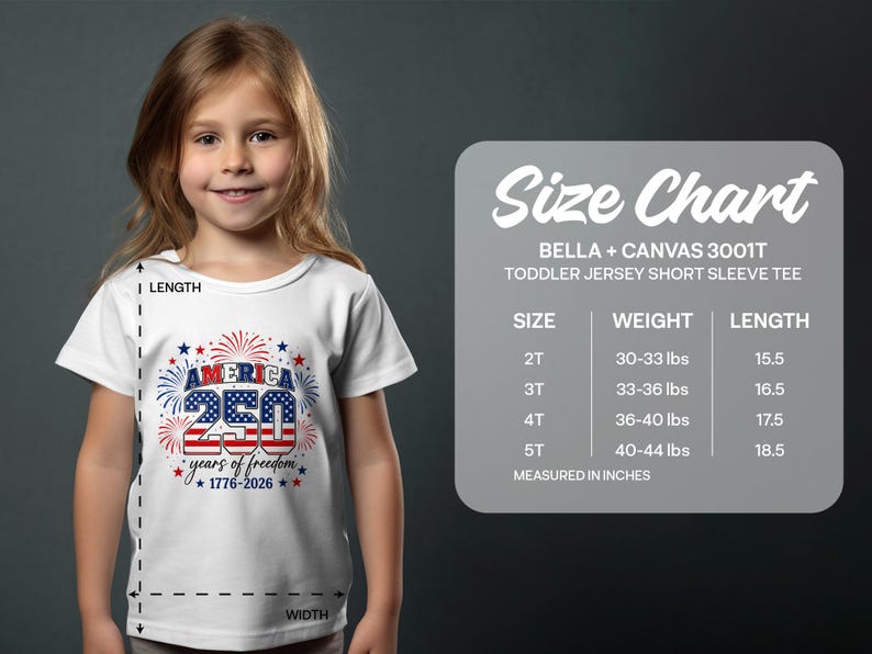 Toddler t-shirt with "America 250 years of freedom" graphic and size chart.