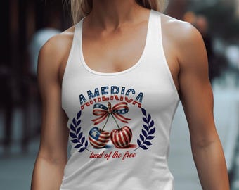 Patriotic Cherry Tank Top, 4th of July USA Tank, America Tank Top, Land of the Free, American Flag, Patriotic Tank Top, Gym Tank Top