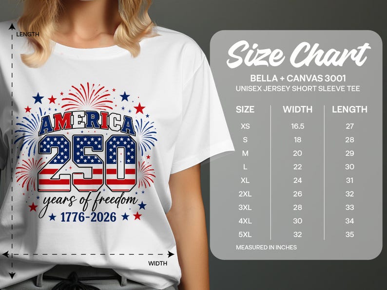 T-shirt with "America 250 years of freedom" design and size chart.