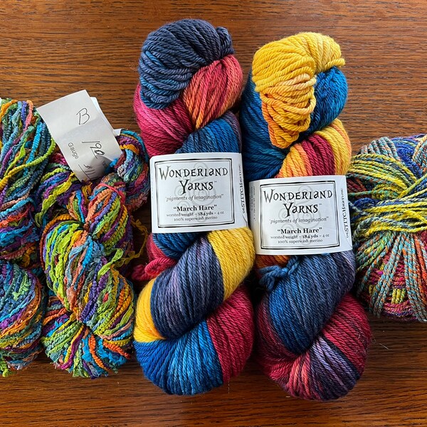 Designer Yarn Grab Bag - Hand-dyed Rainbow of Fun!  Stunning primary colors - Frabjous Fibers Wonderland Yarns & complementary Custom yarns