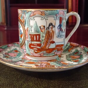 Rare Chinese geisha lithophane  Famille Rose Colored Character Story Pattern Cup and Saucer