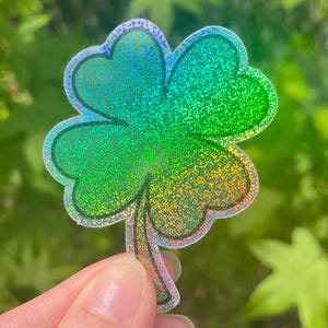 Four-Leaf Clover sticker, Iridescent Die Cut Shamrock Pixie Dust Glossy vinyl, St. Patrick’s Day Lucky Charm, Green Irish Good Luck Gift