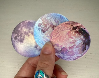 Full moon sticker Bundle, holographic die cut vinyl, Space  Decal, Outerspace Artful Art, Celestial Lunar Image, Pink, Purple, Blue