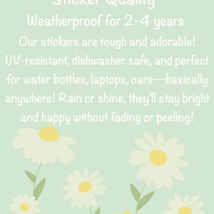 May include: A light green background with white text that reads "Sticker Quality Weatherproof for 2-4 years Our stickers are tough and adorable! UV-resistant, dishwasher safe, and perfect for water bottles, laptops, cars-basically anywhere! Rain or shine, they'll stay bright and happy without fading or peeling!"  There are white daisies with yellow centers on the bottom of the image.