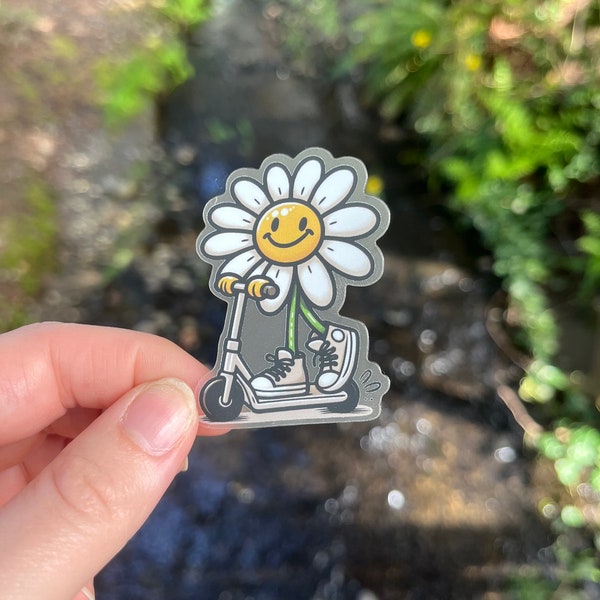 Cute Daisy Sticker Riding Scooter, Smiling Happy Flower Vinyl, Wildflower Decal, Clear Lovable Plant Art , Artful Floral Illustration