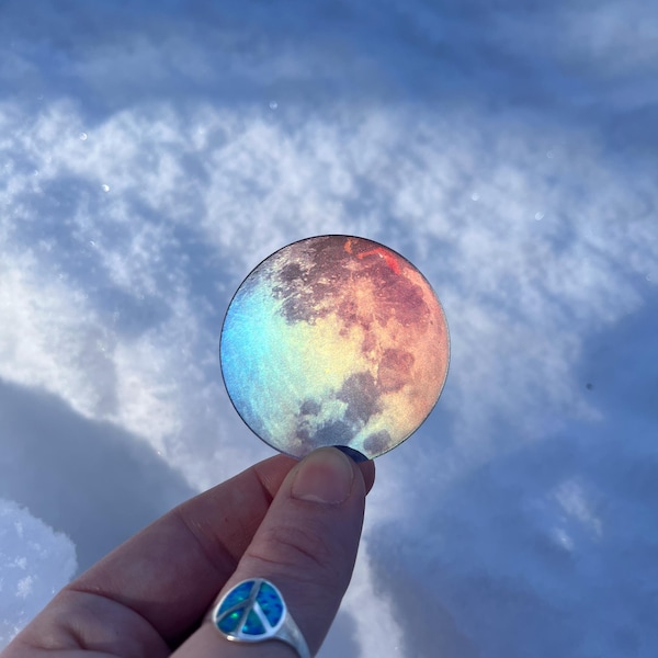 Full moon sticker, holographic die cut vinyl, Space  Decal, Outerspace Artful Art, Celestial Lunar Image, Interstellar Purple and Red