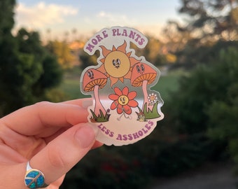 Floral Mushroom Sticker, Clear Sassy Vinyl, Happy Sun Decal,  Silly Funny Meme, Retro Hippy Vibe, Plant and Friends Artful Print, Artful Art