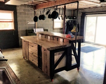 Large Kitchen Island with a Bar, Pot Rack, Seating, Cabinets, Drawers, Outlets Mobile on Wheels Live Edge Slab Countertop Isla Kücheninsel