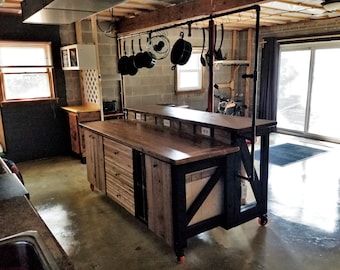 Pub Style Large Kitchen Island with Dark Pine Countertops, a Bar, Pot Rack, Seating, Cabinets, Drawers, Outlets Mobile on Wheels Kücheninsel