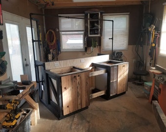 Kitchen Island with with Dishwasher and Sink - Bar, Pot Rack, Seating, Cabinets, Outlets Mobile on Wheels Live Edge Slab Countertop, Isla