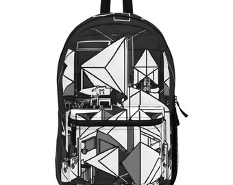 Cyber-Stack Backpack - Unique School Computer Bag, Trendy Travel Daypack Carry-on, Black black and White Backpack, Cyberpunk Aesthetic