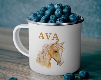 Horse Kid Mug, Personalized Enamel Mug for Kids, Custom Enamel Mug, Christmas Stocking Stuffer, Easter Basket, Horse Mug Birthday Gift