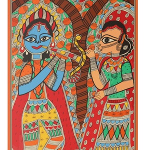 Radha Krishna Madhubani Malerei, handgemalte kalamkari Malerei, Krishna Pattachitra Indien Volkskunst, traditionelle indische Malerei, Wanddekor