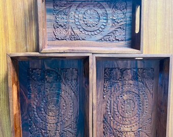 Handmade Carved Sheesham Wood Tray Set of 3, Rustic Wooden Tray with Handles, Ottoman Service Tray for Tea or Picnic, Rustic Home Decor,
