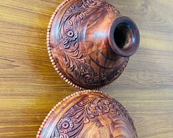 Handcrafted Wood Flower Vases, Handmade Wooden Vase, Carved Rosewood Ghara, Rustic Farmhouse Table Centerpiece, Modern Dried Flower Decor