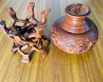 Hand Carved Sheesham Wood Vase with 6 Leg Folding Stand, Cultural Gift, Engraved Wooden Artistic Ghara,  Intricate Jar Handmade Carvings