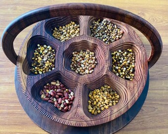 Handmade Foldable Wooden Dry Fruit Tray, Carved wood Snack Bowl, 7 Compartment Fruit Basket, Convertible Centerpiece Gift, Housewarming Gift