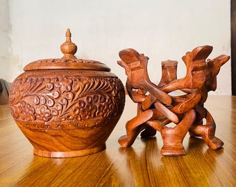 Handmade Wooden Camel Stand with Vase, Hand Crafted Ghara (Pitcher) 7.5",   Rustic Home Decor Centerpiece, Natural Housewarming