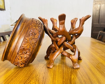 Hand Carved Wood Vase with Camel Folding Stand, Sheesham Wood Ghara, Engraved Artistic Carvings, Floral Handmade Bowl