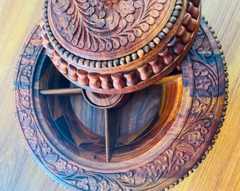 Handcarved Sheesham Wood Dry Fruit Box | Rustic Kitchen Decor | Spice Organizer with Lid Decorative | Storage for Snacks & Spices