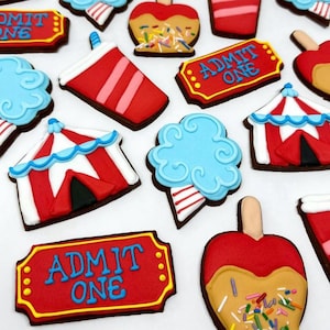 Karneval Cookie Cutter Set, Jahrmarkt, Festival, Zirkus, Karte, gebe Eins, großes Zelt, Big Top, Candy Apple, Cotton Candy, Getränk, Soda, Spaß