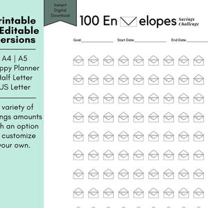 Desafio de 100 envelopes para impressão, rastreador de economia de dinheiro, download digital editável Desafio de economia de 5 mil, A4, A5, meia carta, HP Classic PDF