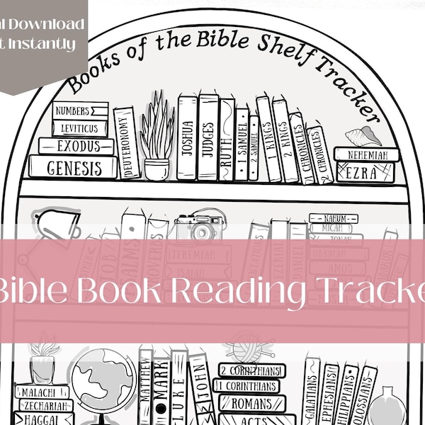 Bible Bookshelf Coloring Page | Books Of The Bible Coloring Sheet | Progress Tracker | Bible in a Bookcase | Bible Study Printable