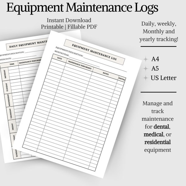 Tägliche, Wöchentliche, Monatliche Gerätewartungslogs | Zahnarzt- & Arztpraxis | Druckbare + ausfüllbare PDF US Letter, A4, A5 | 3D Drucker, Zuhause