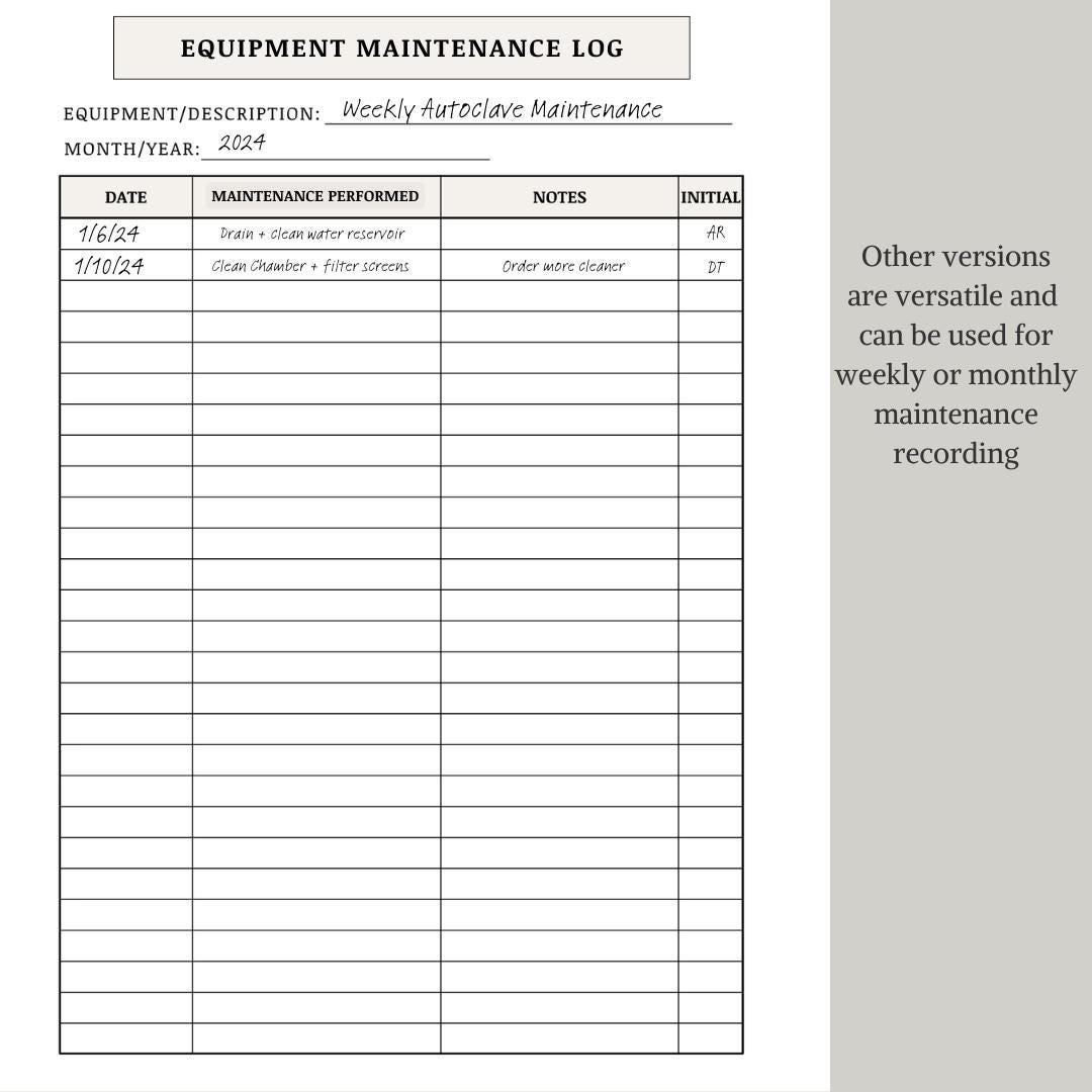 Daily, Weekly, Monthly Equipment Maintenance Logs | Dental & Medical Office | Printable + Fillable PDF US Letter, A4, A5 | 3D Printer, Home - Etsy daily-weekly-monthly-equipment-maintenance-logs-dental-medical-office-printable-fillable-pdf-us-letter-a4-a5-3d-printer-home-etsy