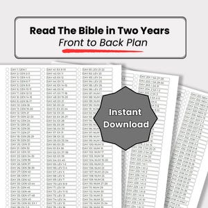 Peut inclure: Un plan de lecture de la Bible imprimable pour lire la Bible en deux ans. Le plan est organisé par jour et comprend le livre et les chapitres à lire. Le texte "Lire la Bible en deux ans" et "Plan avant-arrière" est imprimé en rouge et blanc sur un fond gris.